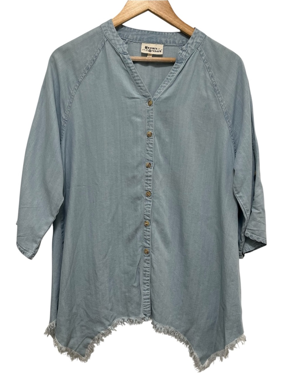 Hester & Orchard Tencel Chambray Asymmetrical Shark Bite Hem Tunic Top Size M